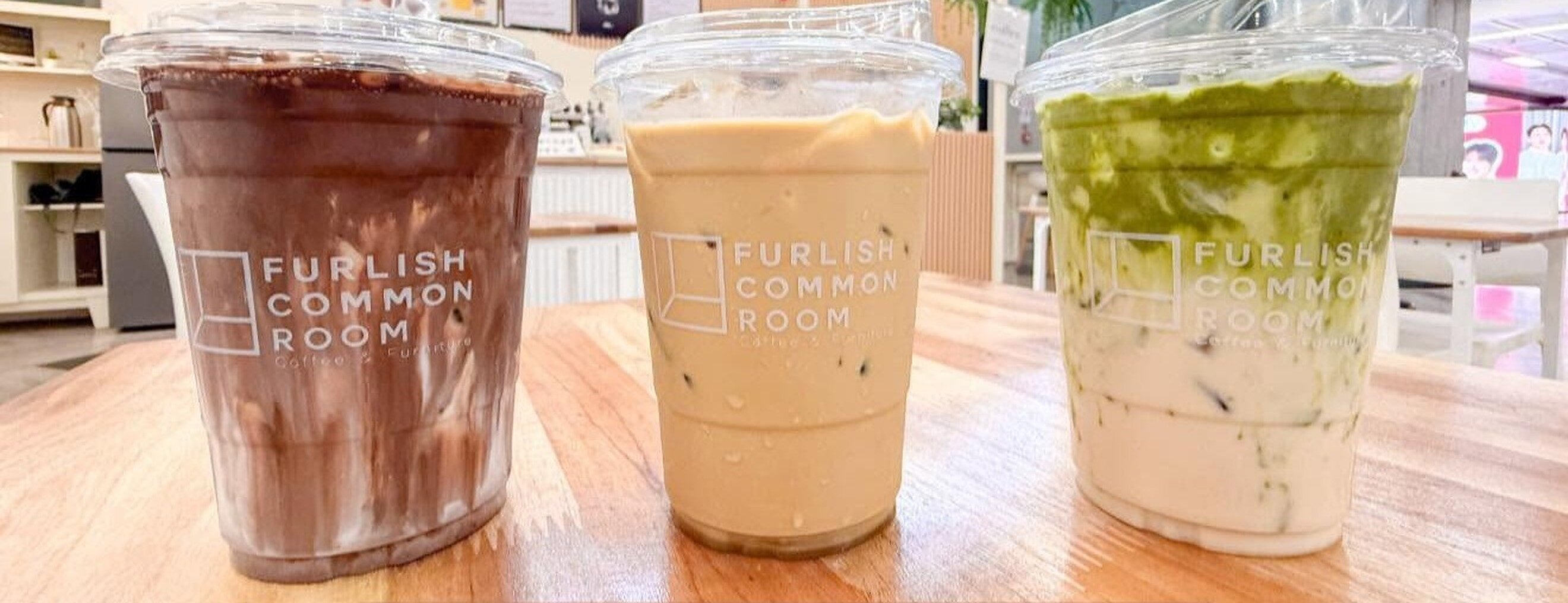 Iced coffee and matcha drinks at Furlish Common Room